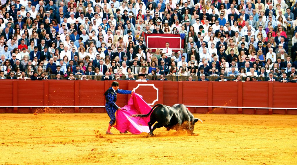 Arène andalouse pendant une corrida traditionnelle, avec un torero en pleine action face au taureau.